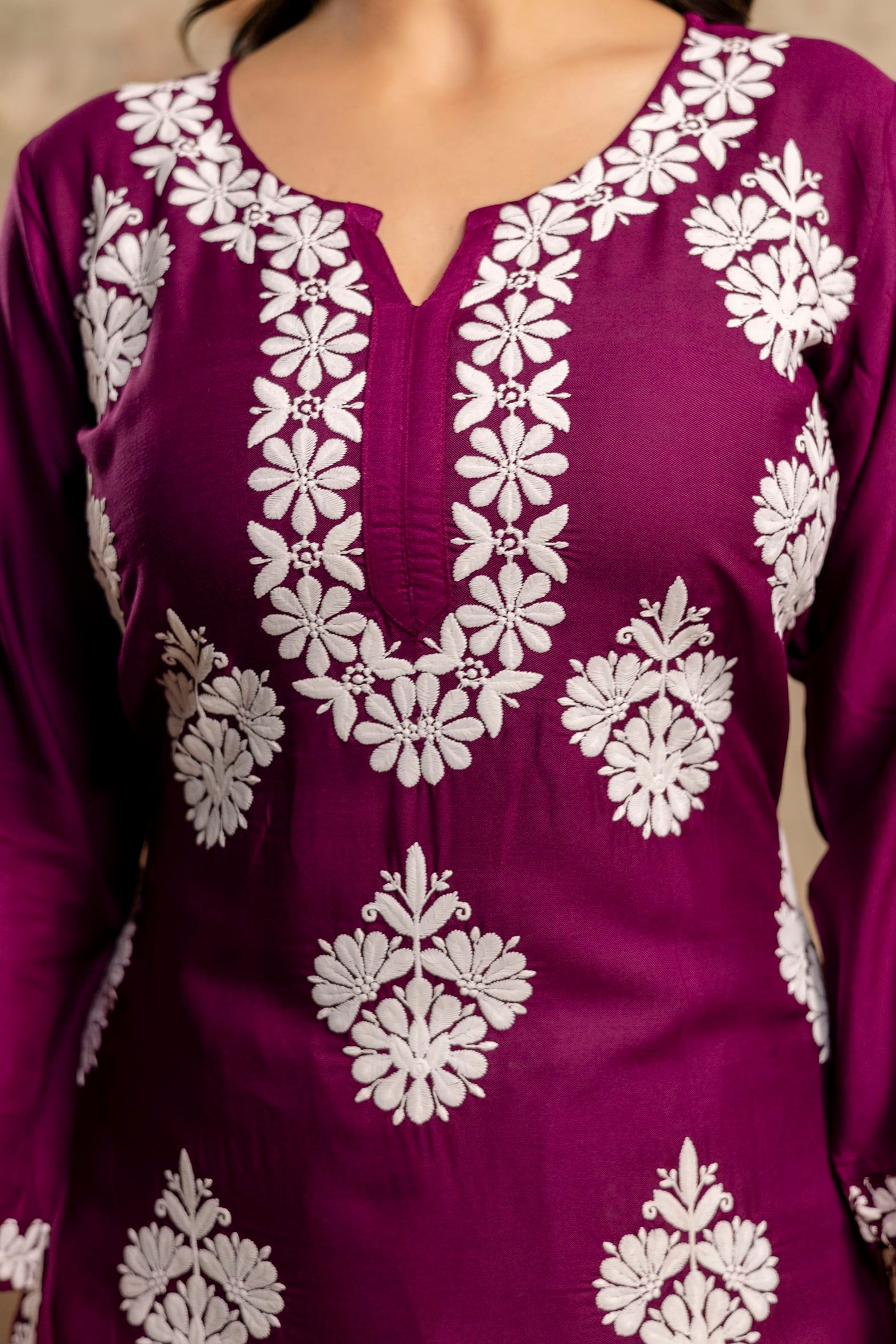 WINE Floral Embroidered Round Neck Chikankari Straight Kurta with Palazzos