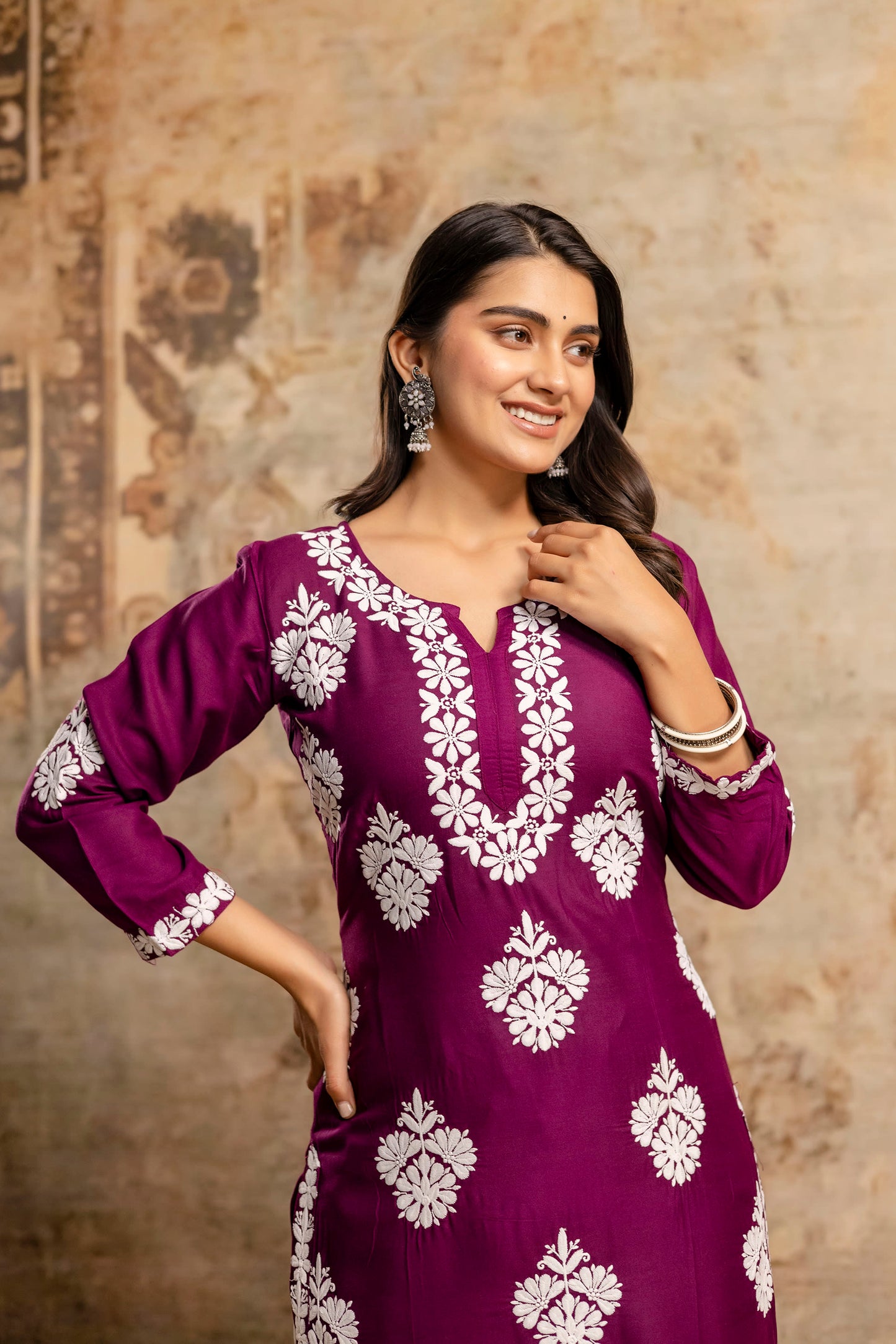WINE Floral Embroidered Round Neck Chikankari Straight Kurta with Palazzos