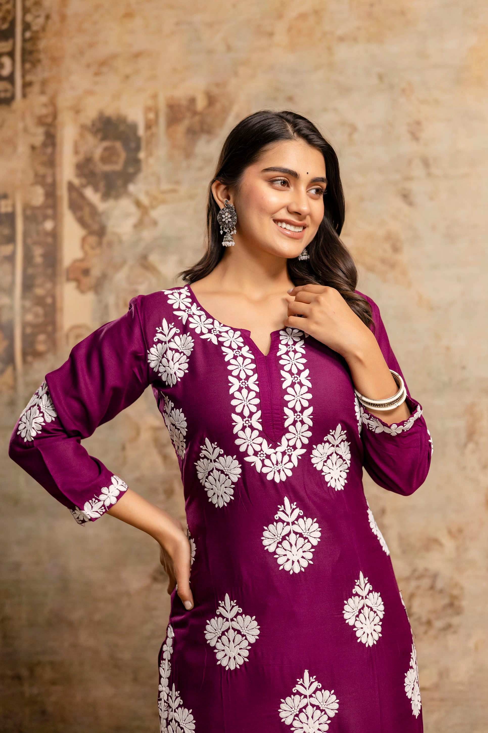 WINE Floral Embroidered Round Neck Chikankari Straight Kurta with Palazzos
