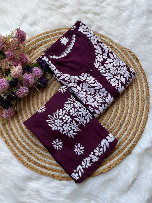 WINE Long Chikankari Work Latest Rayon kurti wirh plazo set