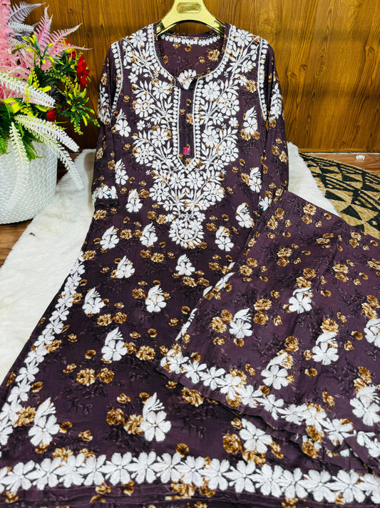 WINE Lucknowi Chikankari Premium Mal Mal Latest Print Design Plazo Set