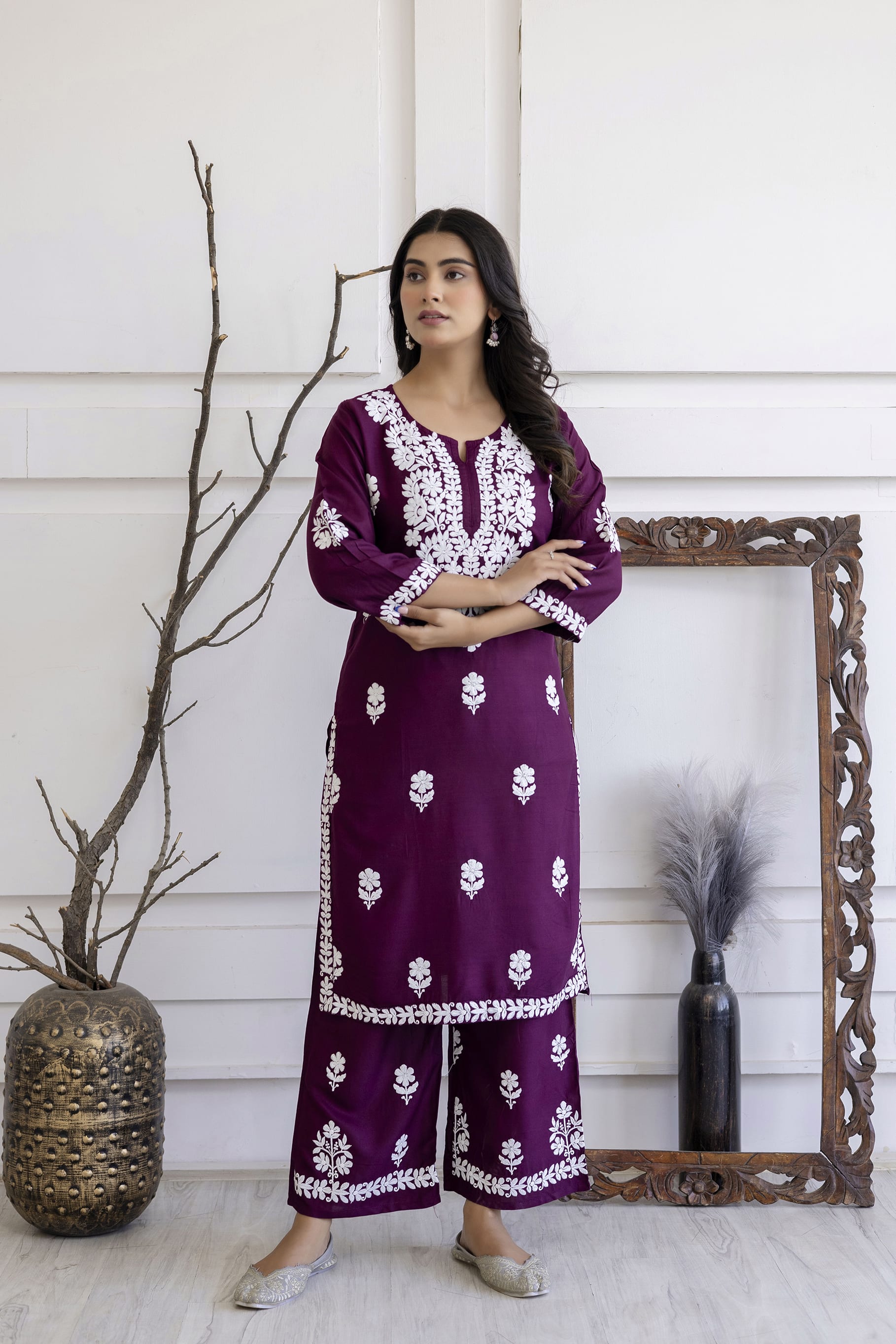 WINE  Women Rayon Embroidered Kurta Set