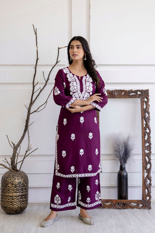 WINE  Women Rayon Embroidered Kurta Set