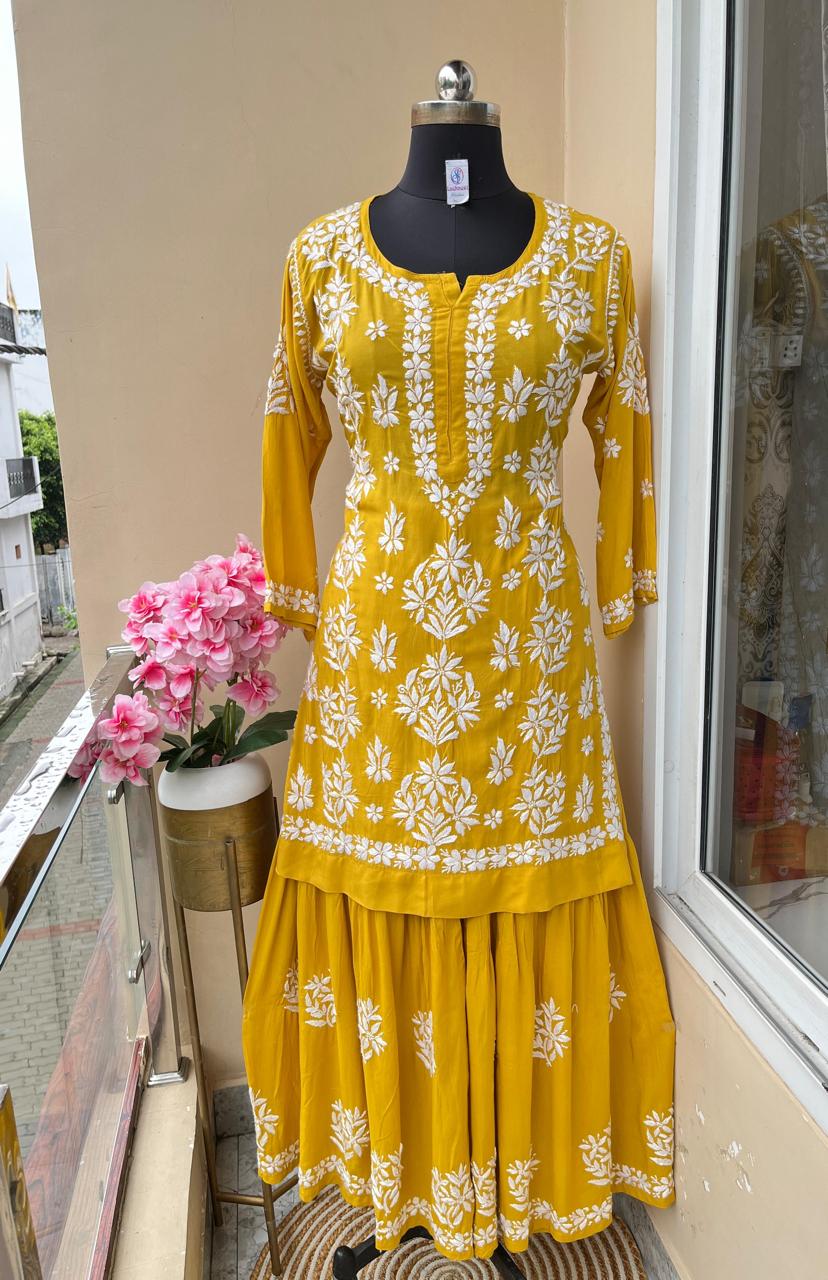 YELLOW Beautiful Chikankari modal kurti garara set