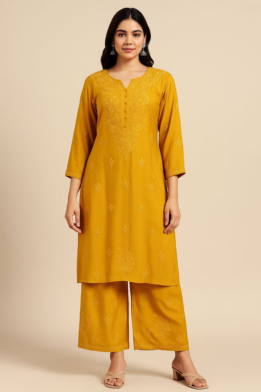 YELLOW Chikankari Kurta and plazzo set with mukaish work