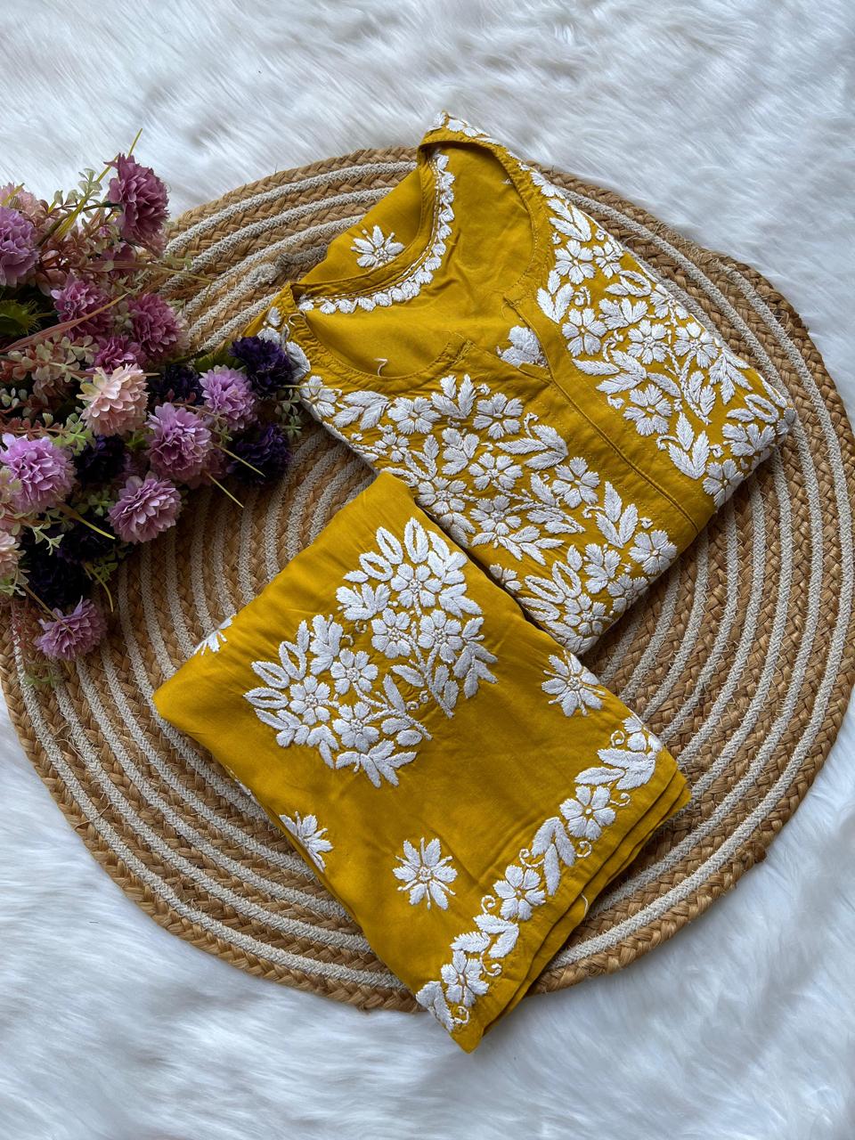 YELLOW Long Chikankari Work Latest Rayon kurti wirh plazo set