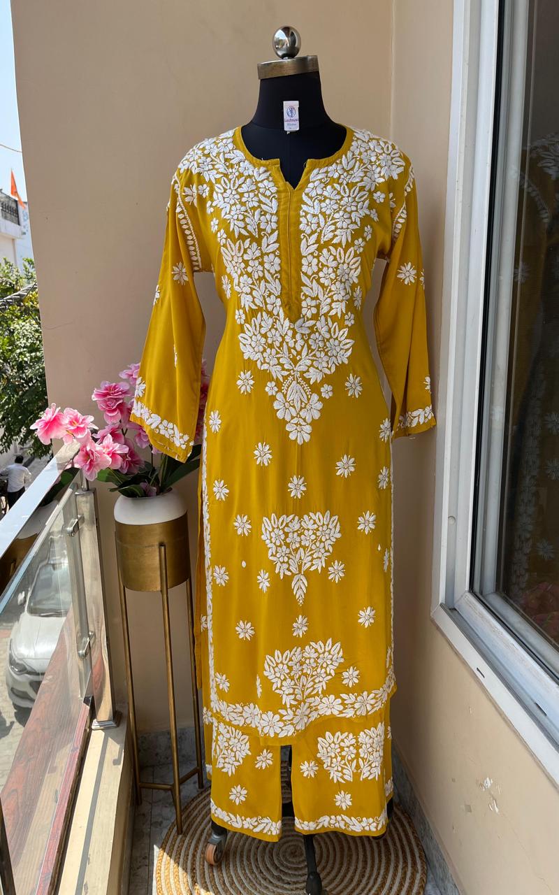 YELLOW Long Chikankari Work Latest Rayon kurti wirh plazo set