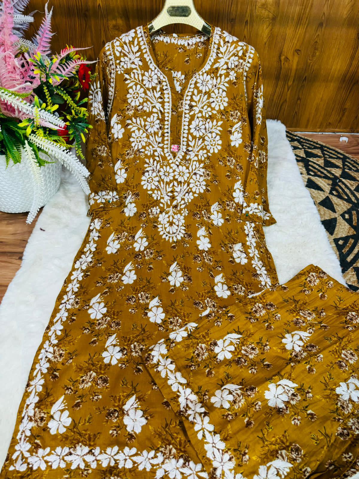 YELLOW Lucknowi Chikankari Premium Mal Mal Latest Print Design Plazo Set