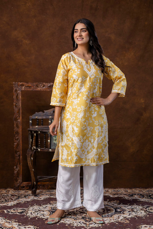 YELLOW Women's Cotton Blend Chikankari Embroidered Straight Kurta Set