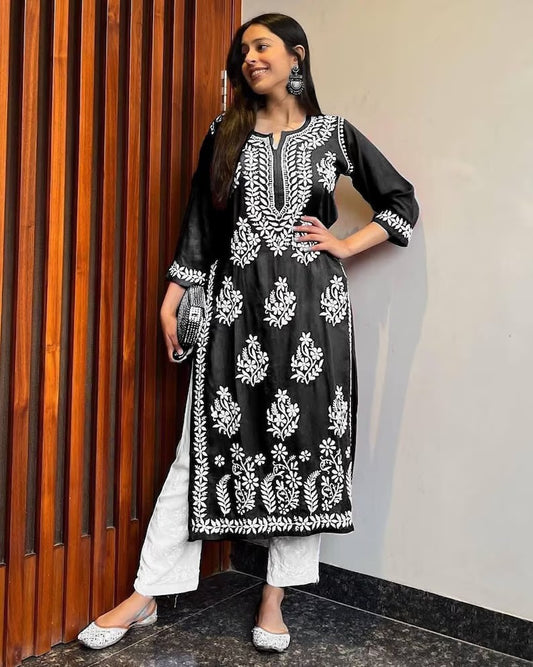 BLACK FANCY BEAUTIFUL CHIKANKARI WORK DESIGN KURTI AND PLAZZO SET
